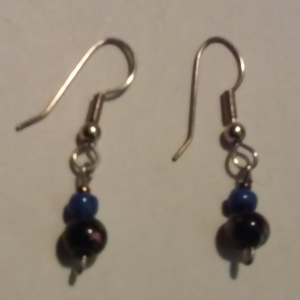 Pierced Earrings Silver With Small Black & Blue Beads Unworn 1 1/2" long